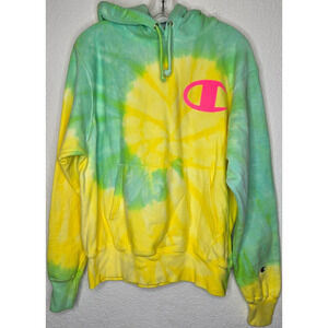 Champion Tie Dye Hoodie Medium Green Yellow Pink Reverse Weave Fleece Pullover